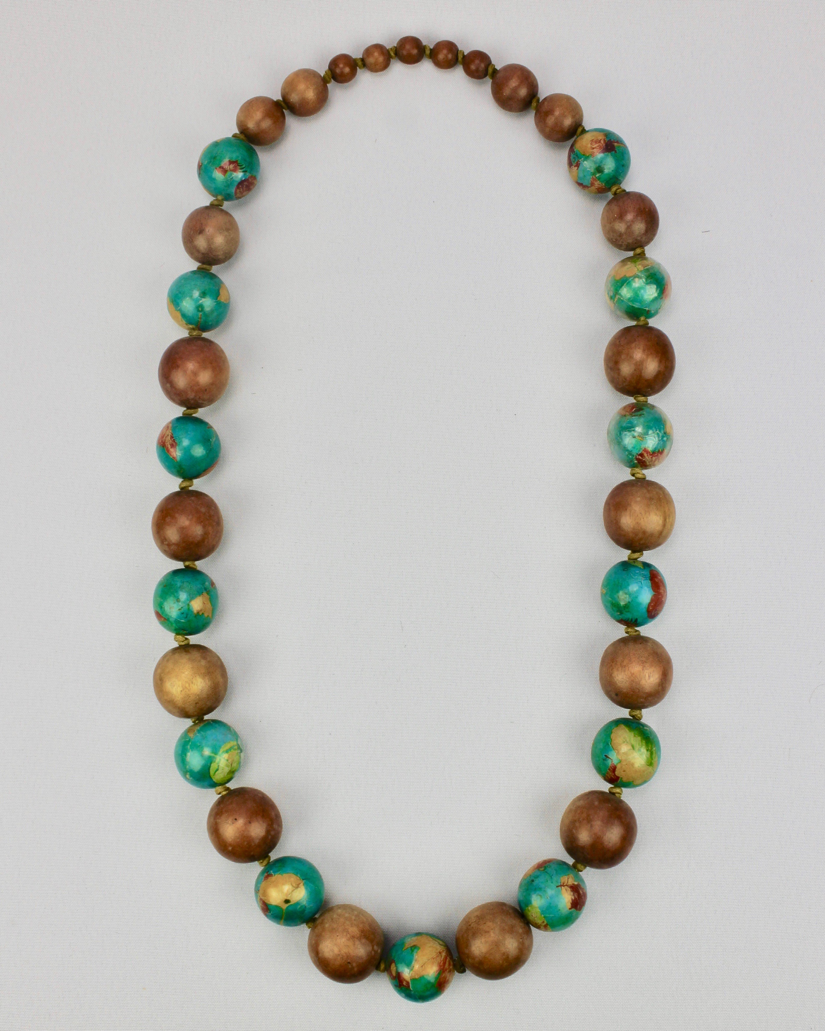 Collier Perles Naturelles Bois et turquoise Ethnique