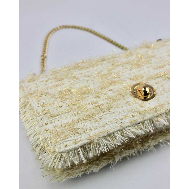 Sac à Main Tweed Ecru et Or avec Chaîne dorée