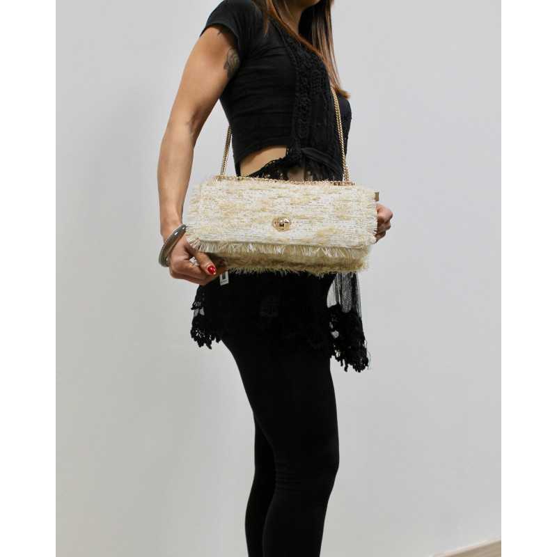 Sac à Main Tweed Ecru et Or avec Chaîne dorée