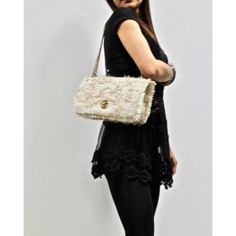 Sac à Main Tweed Ecru et Or avec Chaîne dorée