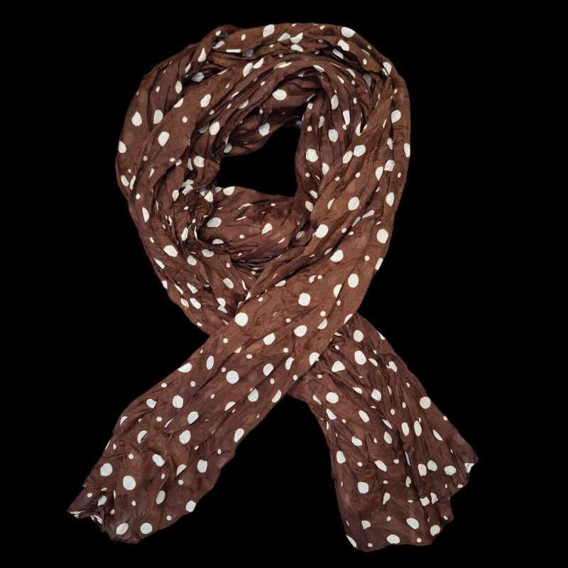 Echarpe Légère Marron à Pois Blancs - Effet Froissé