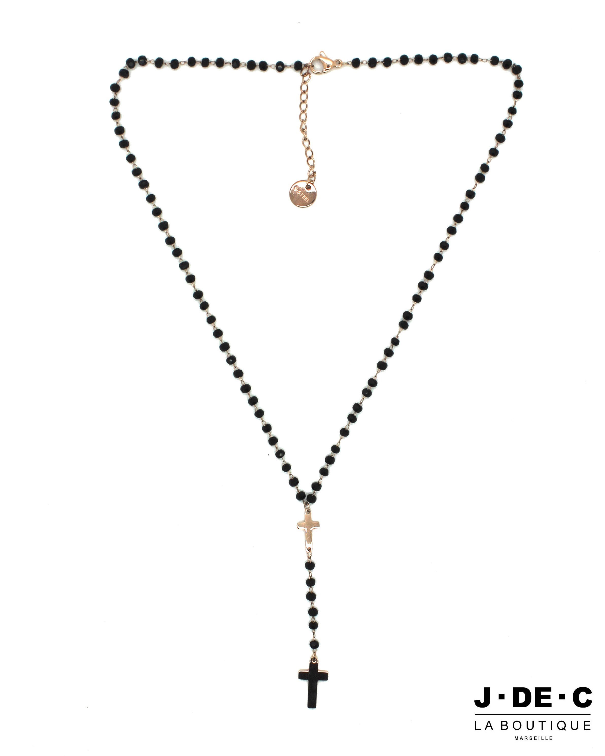Collier Chapelet Perles Noires Facettes Croix Or Rose - J.DE.C
