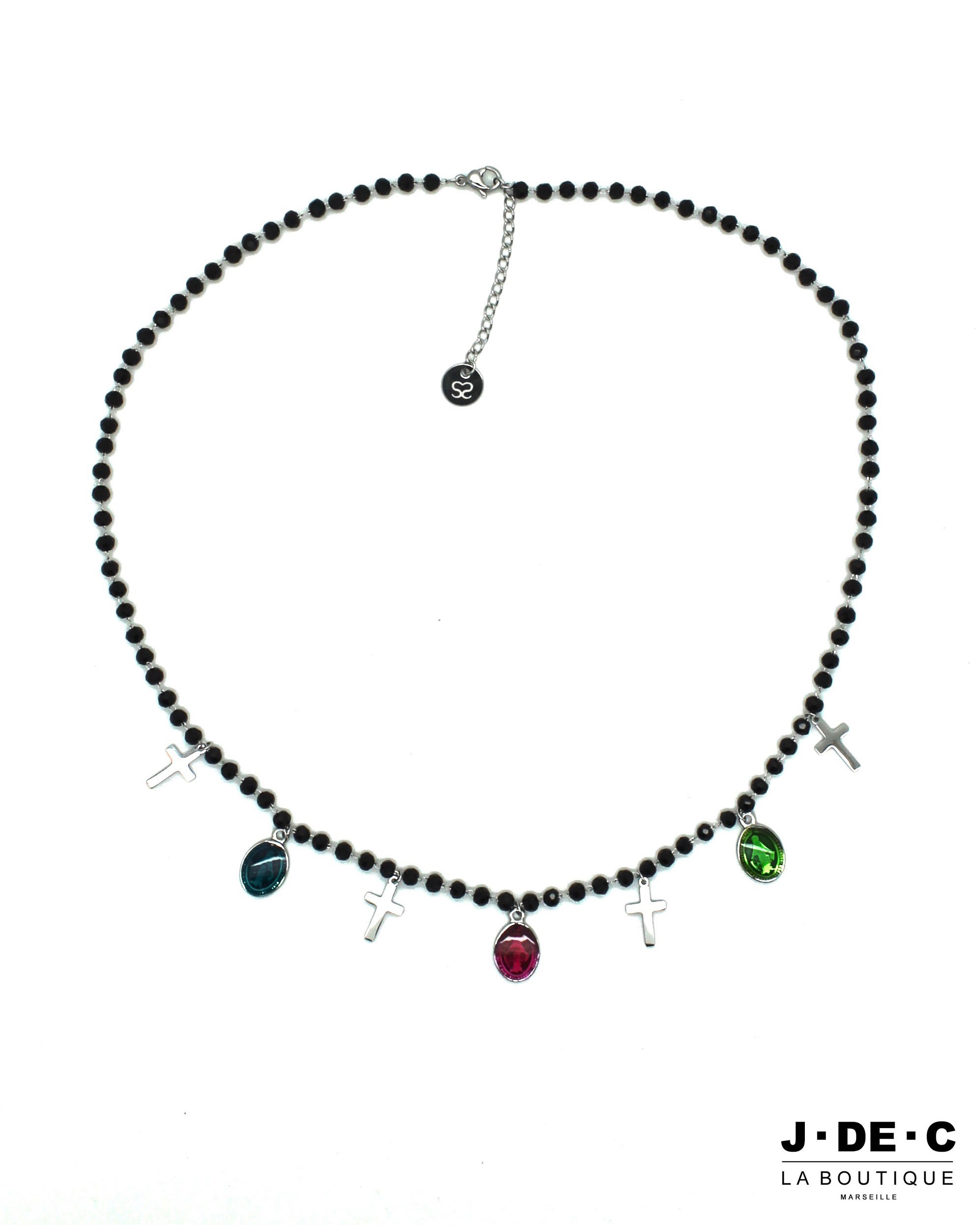 Collier Croix & Médailles Religieuses Perles Facettes Noires