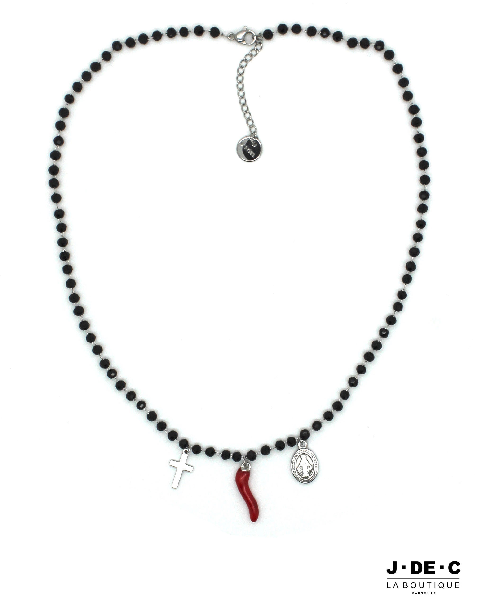 Collier Perles Noires Facettes & Médailles Religieuses