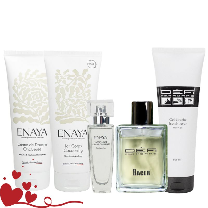 RItuel de soins pour couple composés de produits debeauté des marques Enaya et Défi pour Homme