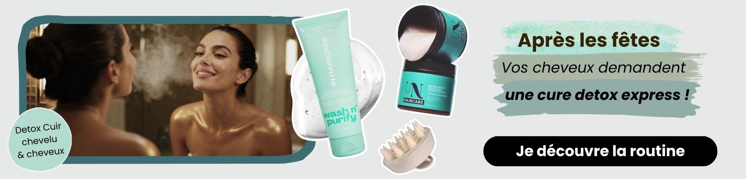 Femme appliquant un soin détoxifiant sur cheveux mouillés - Routine express de soins capillaires après les fêtes avec gel lavant, shampoing cuir chevelu et masque détox