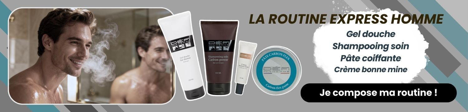 Homme sous la douche avec affichage de ses produits de soin - Routine express homme avec gel douche, shampoing soin carbon power, pâte coiffante et crème bonne mine