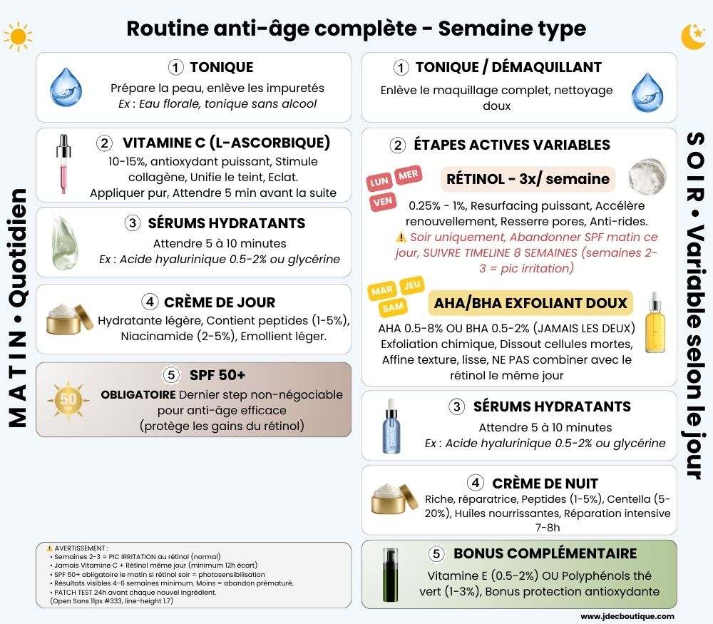 Exemple de routine anti-âge complète matin soir - Tonique Vitamine C Sérums hydratants Crème jour SPF 50 - Étapes actives Rétinol Centella Crème nuit Bonus Vitamines