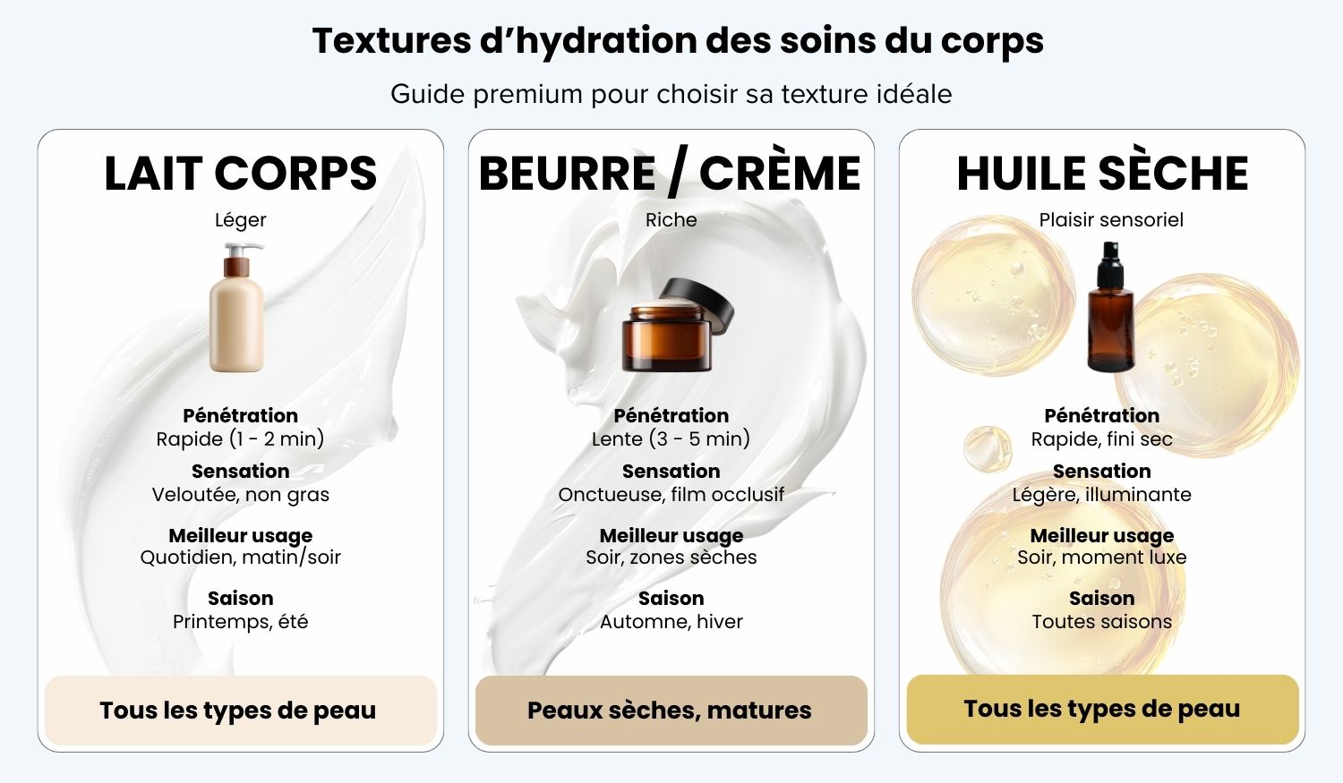 Trois textures hydratantes du corps : Lait corps (léger, quotidien), Beurre corps (riche, hiver), Huile sèche (plaisir, éclat)
